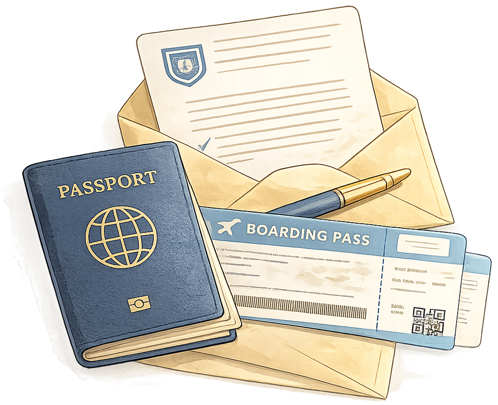 Passport, boarding pass and university application documents